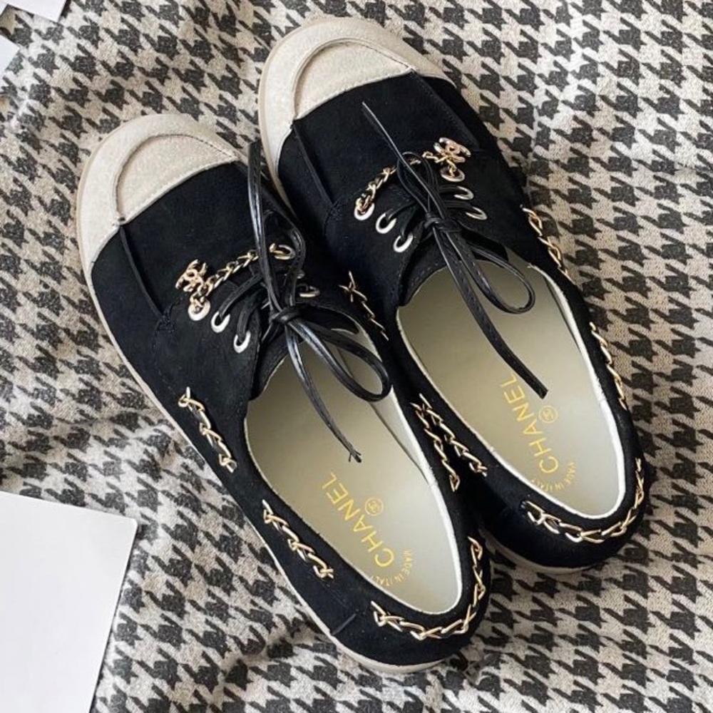 Women's CHANEL Black and Beige Suede Lace-Up Sneakers with Gold Chain Trim